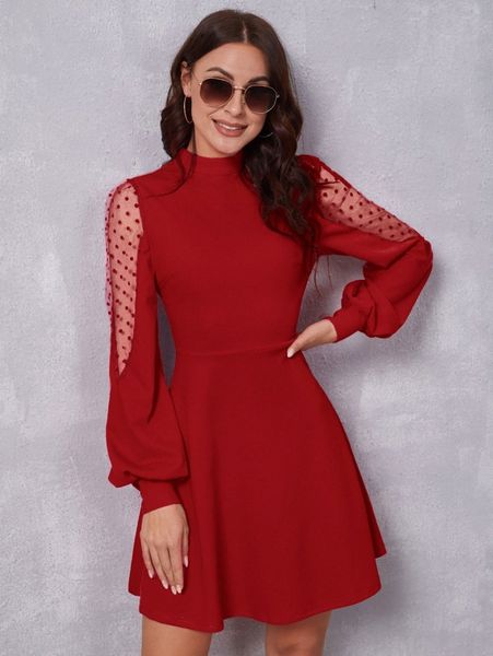 dobby mesh panel lantern sleeve dress 85jh#, Black;gray
dobby mesh panel lantern sleeve dress 85jh#, Black;gray