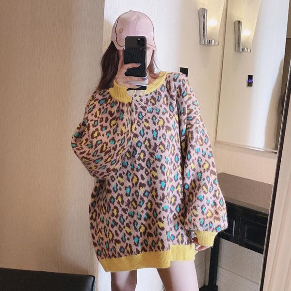 women's sweaters autumn 2021 colorful leopard pattern round neck mid length loose sweater pullover, White;black
women's sweaters autumn 2021 colorful leopard pattern round neck mid length loose sweater pullover, White;black