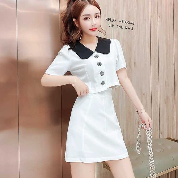 summer women two piece set fashion hit color peter pan collar short sleeve shirt + high waist mini skirts outfits 210526, White
summer women two piece set fashion hit color peter pan collar short sleeve shirt + high waist mini skirts outfits 210526, White