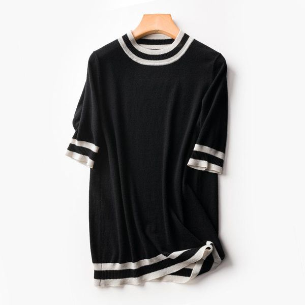 women's 100% wool sweater pullovers strip trim half sleeve knitted sweaters, White;black
women's 100% wool sweater pullovers strip trim half sleeve knitted sweaters, White;black