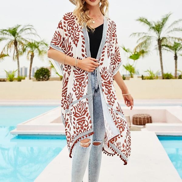 women's swimwear beach cover up women summer boho print chiffon cardigan ball fringe pom-pom loose holiday sun protective swimsuit, White;black
women's swimwear beach cover up women summer boho print chiffon cardigan ball fringe pom-pom loose holiday sun protective swimsuit, White;black