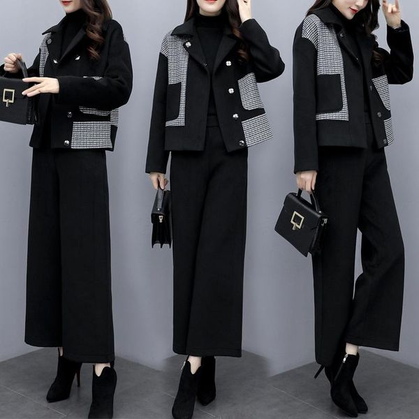 women's tracksuits woolen two piece set and pants tweed suit woman ensemble femme 2 pieces pantalon elegant plaid matching sets, Gray 
women's tracksuits woolen two piece set and pants tweed suit woman ensemble femme 2 pieces pantalon elegant plaid matching sets, Gray