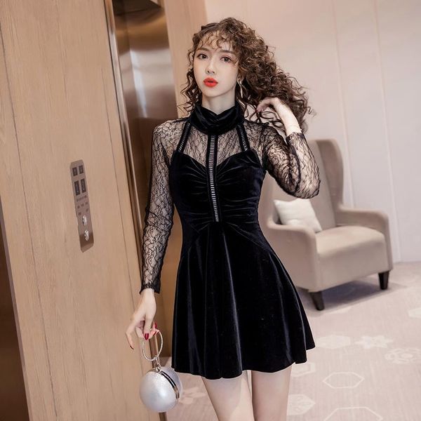 casual dresses #5228 spring autumn black velvet a-line dress women fashion see through mini stand collar short party spliced lace, Black;gray
casual dresses #5228 spring autumn black velvet a-line dress women fashion see through mini stand collar short party spliced lace, Black;gray