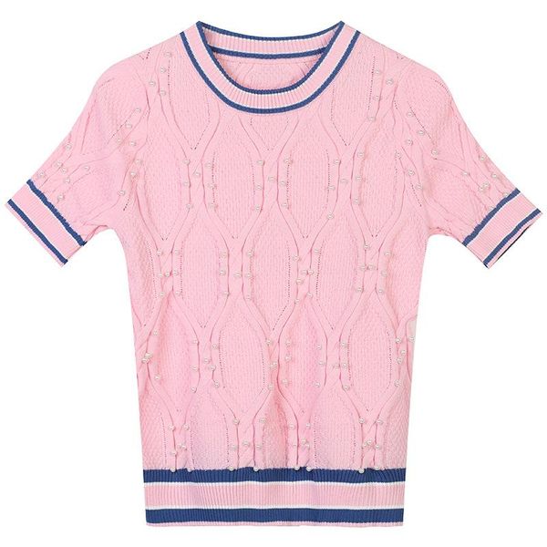 women's t-shirt o-neck short sleeve hollow chic design pink rhombus beaded slim knit korean elegant summer women clothing, White
women's t-shirt o-neck short sleeve hollow chic design pink rhombus beaded slim knit korean elegant summer women clothing, White