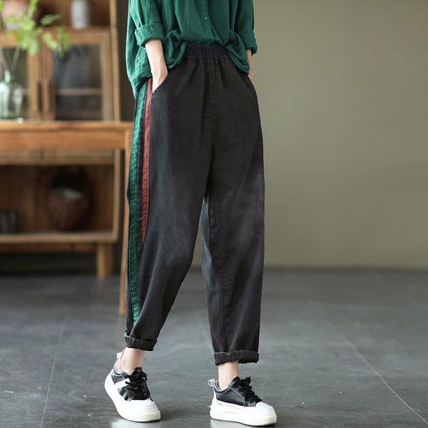 women's jeans 2021 spring autumn arts style women elastic waist loose vintage side stripe design cotton denim harem pants v623, Blue
women's jeans 2021 spring autumn arts style women elastic waist loose vintage side stripe design cotton denim harem pants v623, Blue