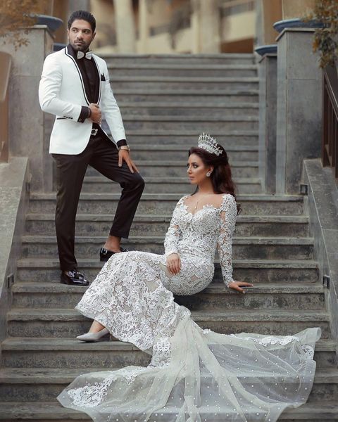 2021 champagne mermaid wedding dresses sweetheart full lace appliques pearls long sleeves tulle detachable train overskirts plus size formal, White
2021 champagne mermaid wedding dresses sweetheart full lace appliques pearls long sleeves tulle detachable train overskirts plus size formal, White