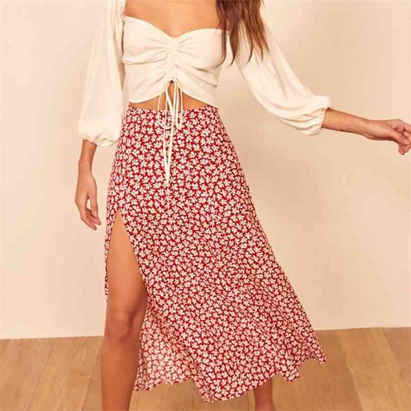 summer women's skirt casual flower print split design 210430, Black