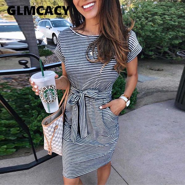 women elegant knotted midi summer dress female fashion vacation striped short sleeve pocket casual dress 210702, Black;gray
women elegant knotted midi summer dress female fashion vacation striped short sleeve pocket casual dress 210702, Black;gray