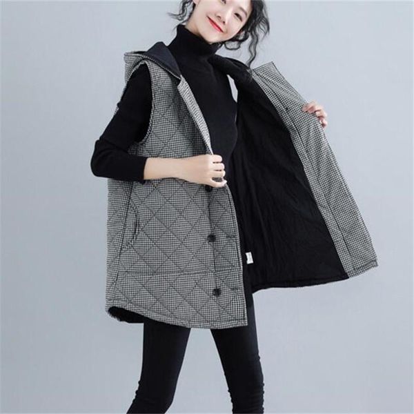 women's vests 2021 plaid plus size quilted hooded cotton ladies vest autumn winter waistcoat women jackets casual sleeveless jacket, Black;white
women's vests 2021 plaid plus size quilted hooded cotton ladies vest autumn winter waistcoat women jackets casual sleeveless jacket, Black;white