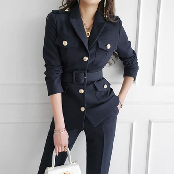 women's two piece pants korean women occupation suit autumn single breasted blazers coat + fashion pencil long female office, White
women's two piece pants korean women occupation suit autumn single breasted blazers coat + fashion pencil long female office, White