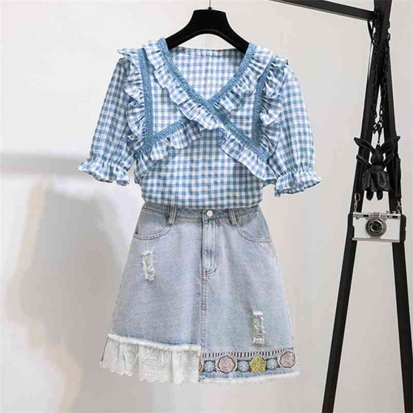 korean summer 2 piece set fashion plaid ruffles embroidery t-shirt v-neck shirt + high waist denim mini skirts suit 210519, White
korean summer 2 piece set fashion plaid ruffles embroidery t-shirt v-neck shirt + high waist denim mini skirts suit 210519, White