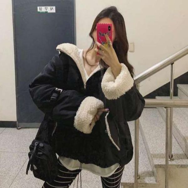 south korea east gate 2021 winter lamb wool hooded sweater for women women's two piece pants, White
south korea east gate 2021 winter lamb wool hooded sweater for women women's two piece pants, White
