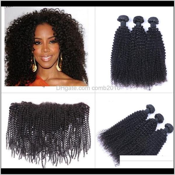 brazilian kinky curly human hair wefts with 13x4 lace frontal ear to ear full head natural color can be dyed unprocessed human hair ae cmtn3, Black