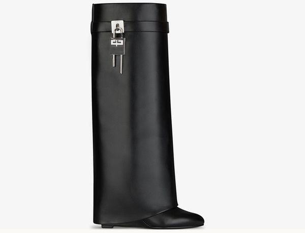 shark lock knee boots leather silver and gold finish asymmetrical metal padlock clad wedge almond shaped toe heel height 9cm, Black
shark lock knee boots leather silver and gold finish asymmetrical metal padlock clad wedge almond shaped toe heel height 9cm, Black