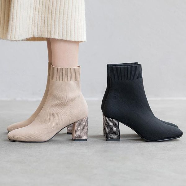 dress shoes spring and autumn 2021 rhinestone thick heel short boots women thin fashion wild elastic knitted x163, Black
dress shoes spring and autumn 2021 rhinestone thick heel short boots women thin fashion wild elastic knitted x163, Black