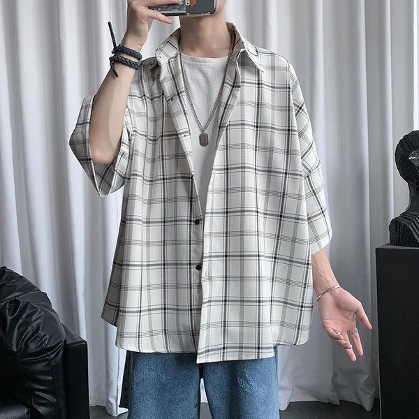 summer plaid shirt men korean fashion loose casual harajuku streetwear retro single-breasted short-sleeved men's shirts, White;black
summer plaid shirt men korean fashion loose casual harajuku streetwear retro single-breasted short-sleeved men's shirts, White;black