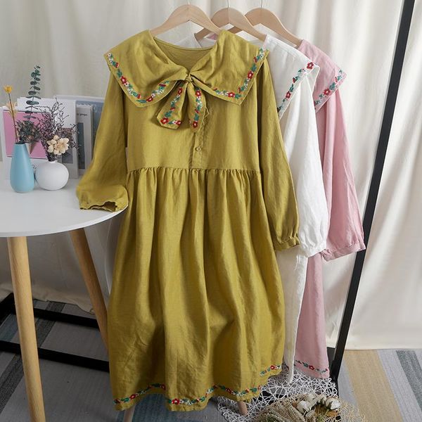 casual dresses 2021 autumn mori girl retro bowknot cotton linen dress big lapel solid color sweet flower embroidery, Black;gray
casual dresses 2021 autumn mori girl retro bowknot cotton linen dress big lapel solid color sweet flower embroidery, Black;gray