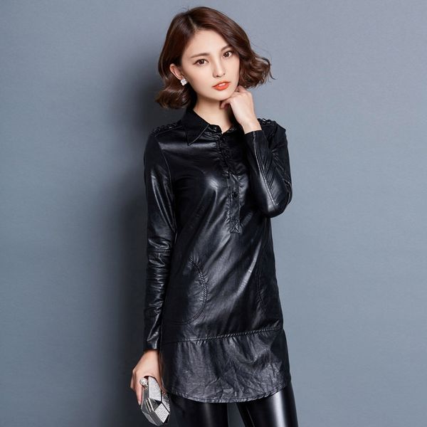 2020 new style lapel slim pu leather women's long sleeve medium length plush thickened bottoming shirt, Black
2020 new style lapel slim pu leather women's long sleeve medium length plush thickened bottoming shirt, Black