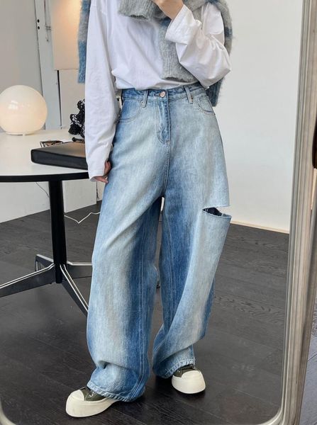 women's jeans woman straight blue gradient with hole