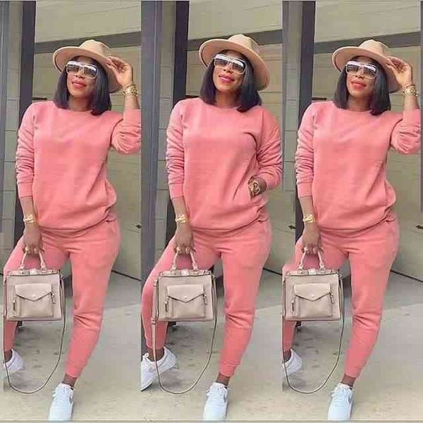2021 fashion solid cotton slim casual sweater sports suit two piece set, Gray