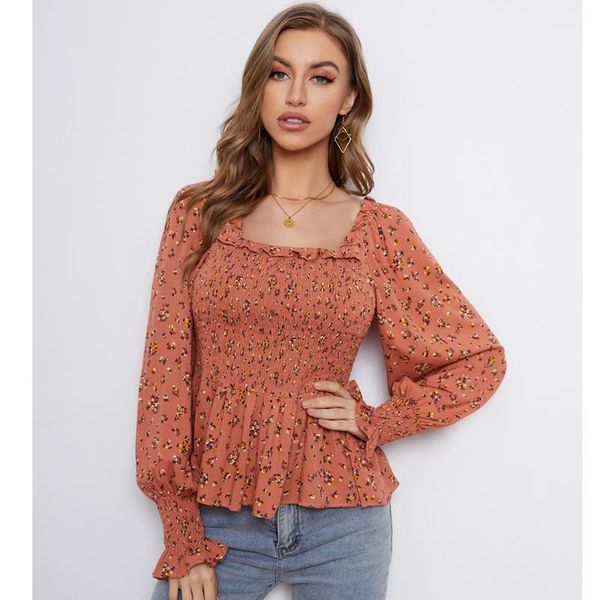 women's blouses & shirts womens casual flower printed long sleeve square collar pleated smocked blosues spring and autunm, White
women's blouses & shirts womens casual flower printed long sleeve square collar pleated smocked blosues spring and autunm, White