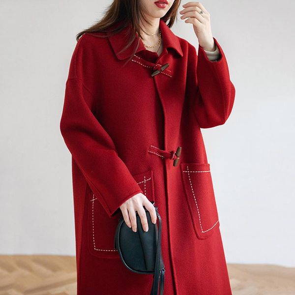 women's wool & blends horn button reversible cashmere coat mid-length loose korean style slimming autumn and winter, Black
women's wool & blends horn button reversible cashmere coat mid-length loose korean style slimming autumn and winter, Black