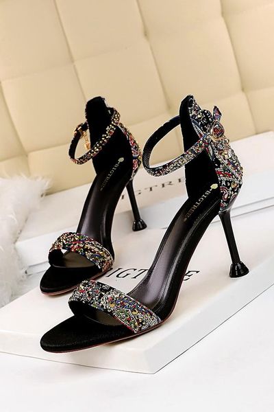 summer retro high heels womens shoes thin open toe buckle rhinestones sandals, Black
summer retro high heels womens shoes thin open toe buckle rhinestones sandals, Black