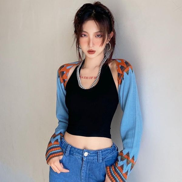 women's jackets weird girl retro ins style contrast color knitted cardigan design sense niche flab hiding slimming and short inverness, Black;brown 
women's jackets weird girl retro ins style contrast color knitted cardigan design sense niche flab hiding slimming and short inverness, Black;brown