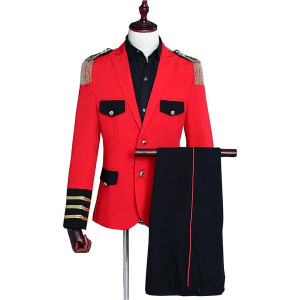 red suits for men 2021 summer blazer with pants 2 pcs tuxedo tassel epaulettes military dress suit uniform costume homme men's & blazer, White;black
red suits for men 2021 summer blazer with pants 2 pcs tuxedo tassel epaulettes military dress suit uniform costume homme men's & blazer, White;black