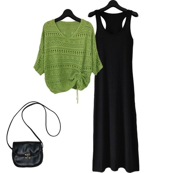 fashion plus size dress suit female spring and summer loose hollowed out strap knitted bat shirt vest dress two-piece suit 210730, White
fashion plus size dress suit female spring and summer loose hollowed out strap knitted bat shirt vest dress two-piece suit 210730, White