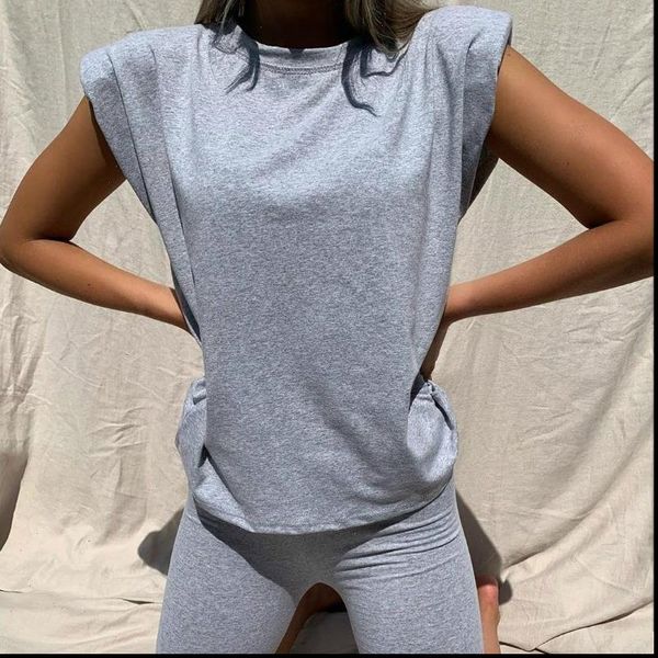 womens tracksuits summer shoulder pad t shirts o neck sets khaki sleeveless two piece set crop and shorts drawstring, Gray
womens tracksuits summer shoulder pad t shirts o neck sets khaki sleeveless two piece set crop and shorts drawstring, Gray