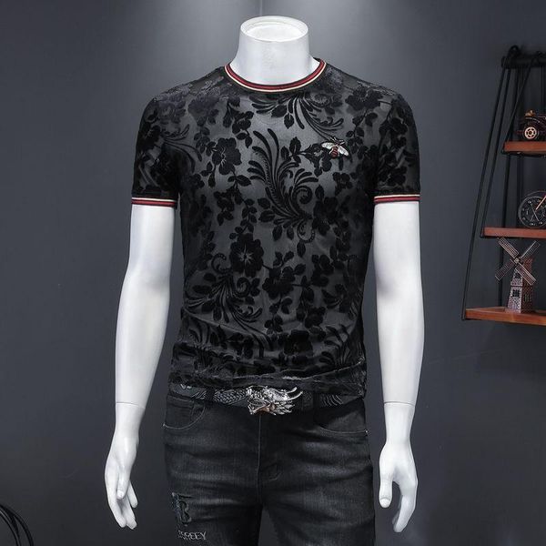 men's t-shirts black floral and bee see-through t-shirt with polyester spandex material o-neck england style summer vip quality men, White;black
men's t-shirts black floral and bee see-through t-shirt with polyester spandex material o-neck england style summer vip quality men, White;black