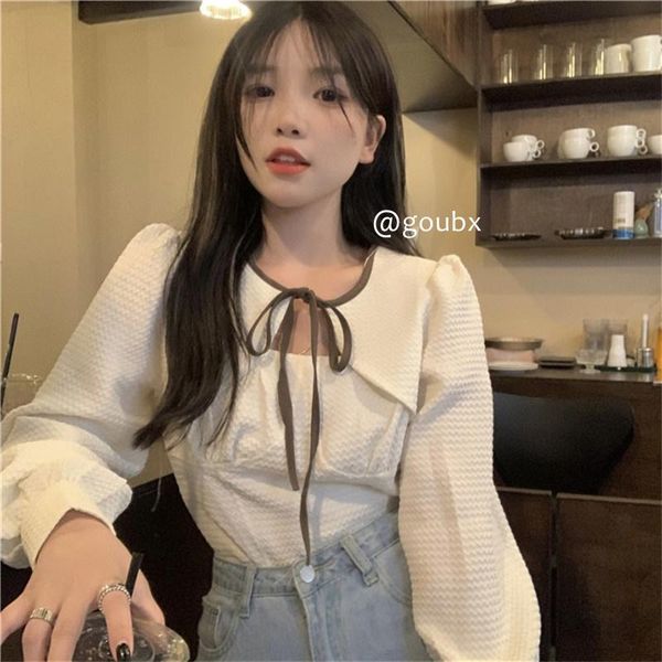 women's sweaters fall 2021 lace up fake two pieces long sleeve shirt hong kong style retro chic design loose top, White;black
women's sweaters fall 2021 lace up fake two pieces long sleeve shirt hong kong style retro chic design loose top, White;black