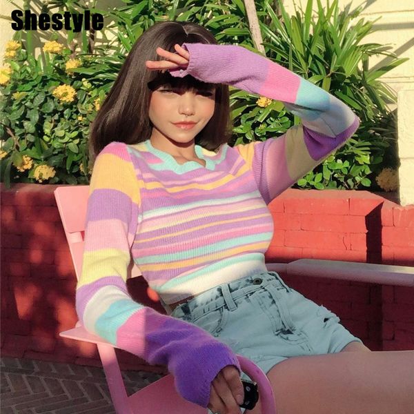 shestyle rainbow striped high street sweater women 2021 autumn purple macaron color long sleeve crop casual pullover, Black;white
shestyle rainbow striped high street sweater women 2021 autumn purple macaron color long sleeve crop casual pullover, Black;white