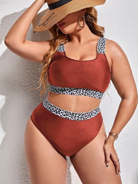 plus leopard trim bikini swimsuit x6o7#, Black