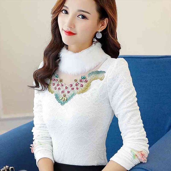 autumn winter women embroidered plus velvet thick lace bottomed shirt female rabbit fur collar hollow diamond, White
autumn winter women embroidered plus velvet thick lace bottomed shirt female rabbit fur collar hollow diamond, White