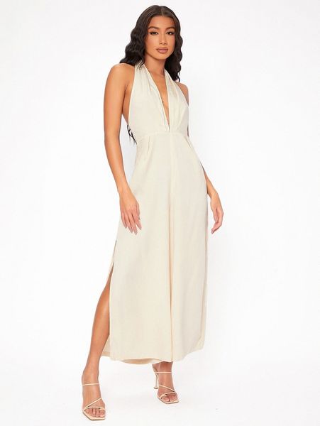 tall solid tie backless split thigh jumpsuit f5fg#, White