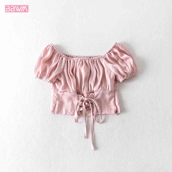fashionable wild word collar strapless solid color drawstring short women's shirt sweet vintage pink female 210507, White 
fashionable wild word collar strapless solid color drawstring short women's shirt sweet vintage pink female 210507, White