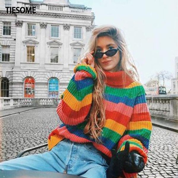 women's sweaters tiesome rainbow color striped sweater 2021 loose long sleeve women clothes winter turtleneck female warm clothing, White;black
women's sweaters tiesome rainbow color striped sweater 2021 loose long sleeve women clothes winter turtleneck female warm clothing, White;black