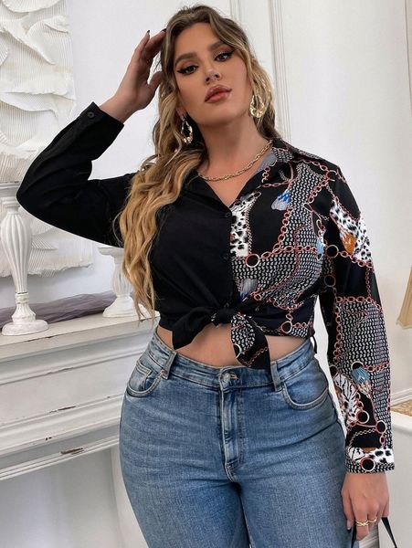 plus chain spliced print blouse h0mr#, Black