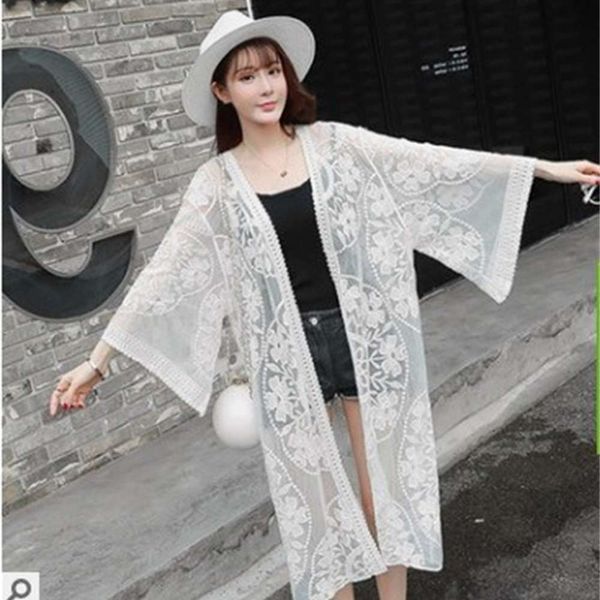 sunscreen clothes versatile air conditioning shirt spring and summer with lace embroidery cardigan medium length bikini coat, White;black
sunscreen clothes versatile air conditioning shirt spring and summer with lace embroidery cardigan medium length bikini coat, White;black