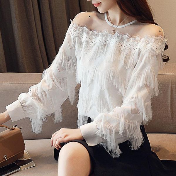 women's blouses & shirts 2021 autumn fashion women chiffon long sleeve off shoulder clothing fringed casual elegant, White
women's blouses & shirts 2021 autumn fashion women chiffon long sleeve off shoulder clothing fringed casual elegant, White