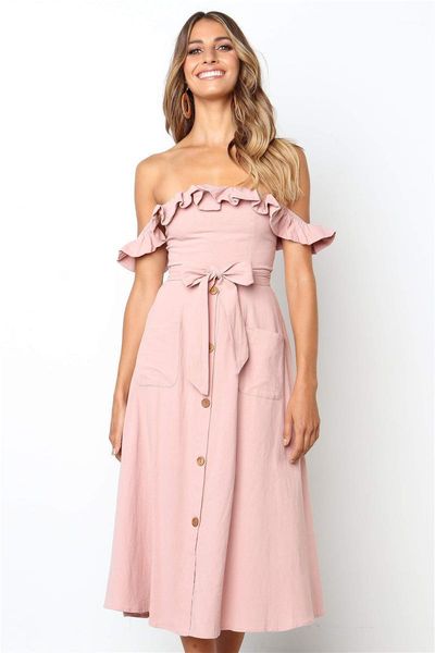 women summer solid midi dress off shoulder single-breasted button belt a line ruffles party club femme vestidos casual dresses, Black;gray
women summer solid midi dress off shoulder single-breasted button belt a line ruffles party club femme vestidos casual dresses, Black;gray