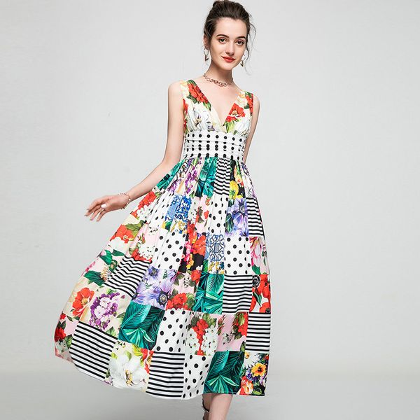 women's runway dresses low v neck sleeveless empire waist fashion printed mid calf dress vestidos, Black
women's runway dresses low v neck sleeveless empire waist fashion printed mid calf dress vestidos, Black