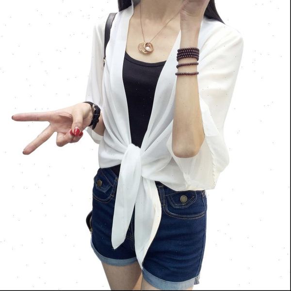 chiffon kimono cardigan casual half women blouses sleeve loose black plus size summer female outerwear, White 
chiffon kimono cardigan casual half women blouses sleeve loose black plus size summer female outerwear, White