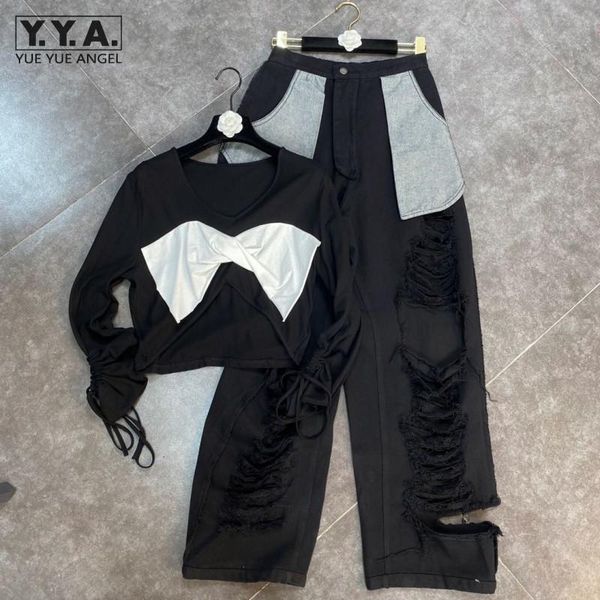women's two piece pants high street women drawstring bowknot hole ripped jeans set streetwear hip hop female outfits suit matching set, White
women's two piece pants high street women drawstring bowknot hole ripped jeans set streetwear hip hop female outfits suit matching set, White