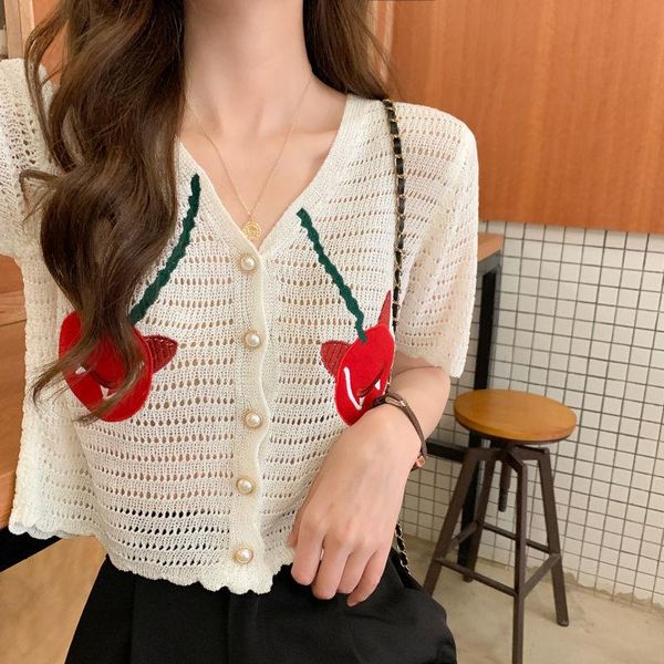 women's knits & tees women v neck short sleeve cherry embroidery knitted sweater cardigan summer thin knitwear female buttons up outwea, White
women's knits & tees women v neck short sleeve cherry embroidery knitted sweater cardigan summer thin knitwear female buttons up outwea, White