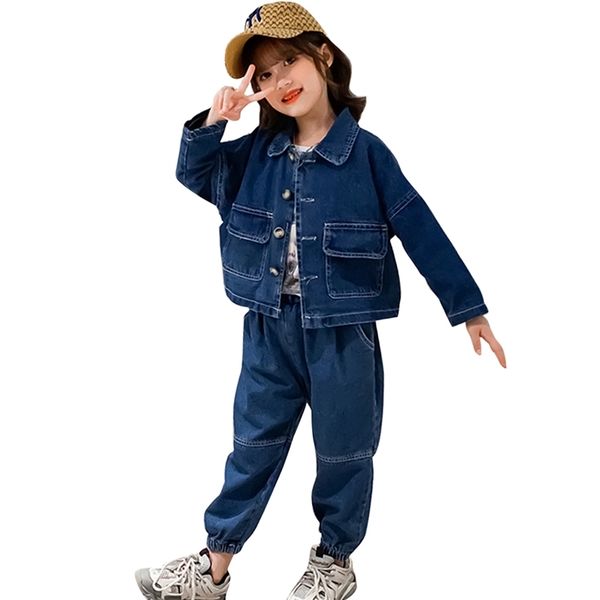 children clothes pockets costume for girls denim jacket + jens 2pcs kids casual style tracksuits 210528, White
children clothes pockets costume for girls denim jacket + jens 2pcs kids casual style tracksuits 210528, White