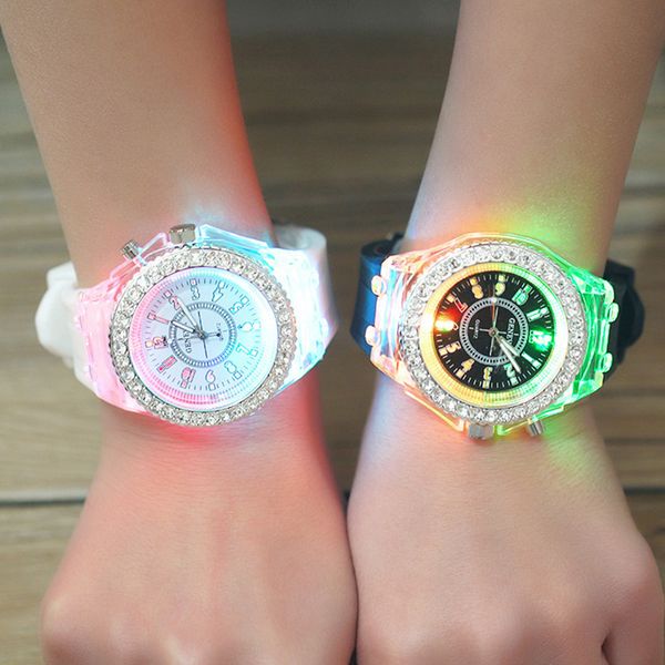 

rhinestone luminous 11 color led watches usa fashion trend of male and female students couple jelly geneva transparent case silica gel wat, Slivery;brown