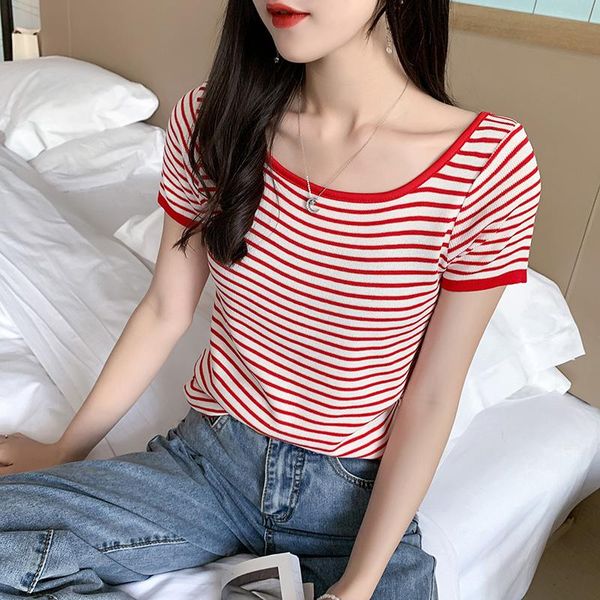 women's t-shirt summer women striped short sleeve simple thin knit slim t shirts, White
women's t-shirt summer women striped short sleeve simple thin knit slim t shirts, White